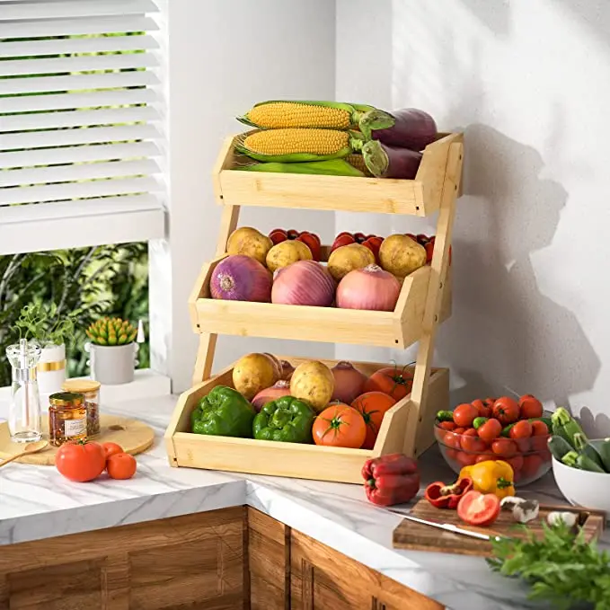 Addreen Wholesale 3-Tier Bamboo Wood Fruit Shelf for Kitchen Countertop vegetable Storage Rack Large Bamboo Fruit Basket