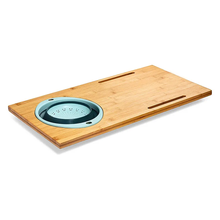 Custom new types multi-function 2 in 1 kitchen elegant bamboo over the sink cutting board with collapsible strainer