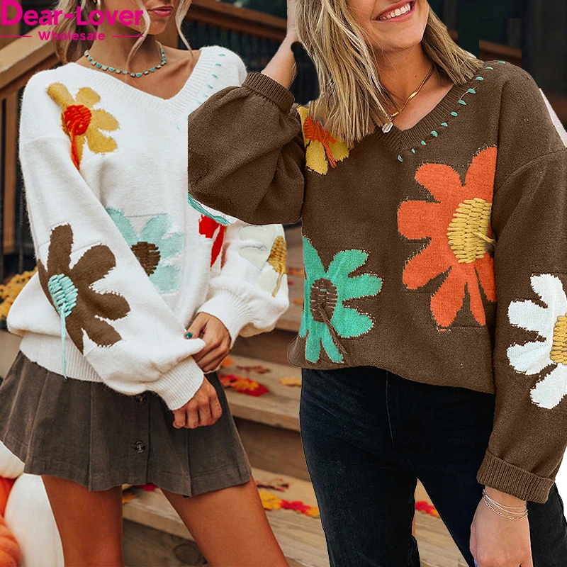 Dear-Lover Oem Odm Private Label Sweater Ladies Big Flower Pattern V Neck Drop Shoulder Sweater