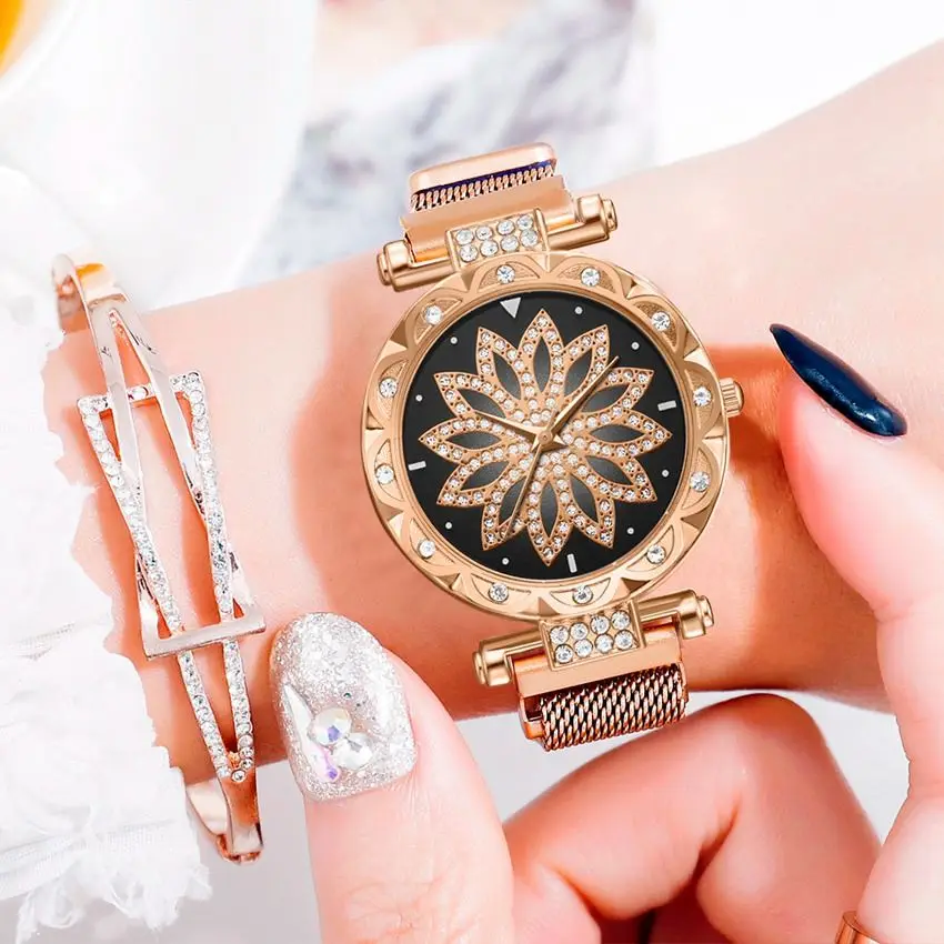 Top Brand Women Mesh Magnet Buckle Lucky Flower Watch Luxury Ladies Geometric Surface Rhinestone Quartz Watch Relogio Feminino