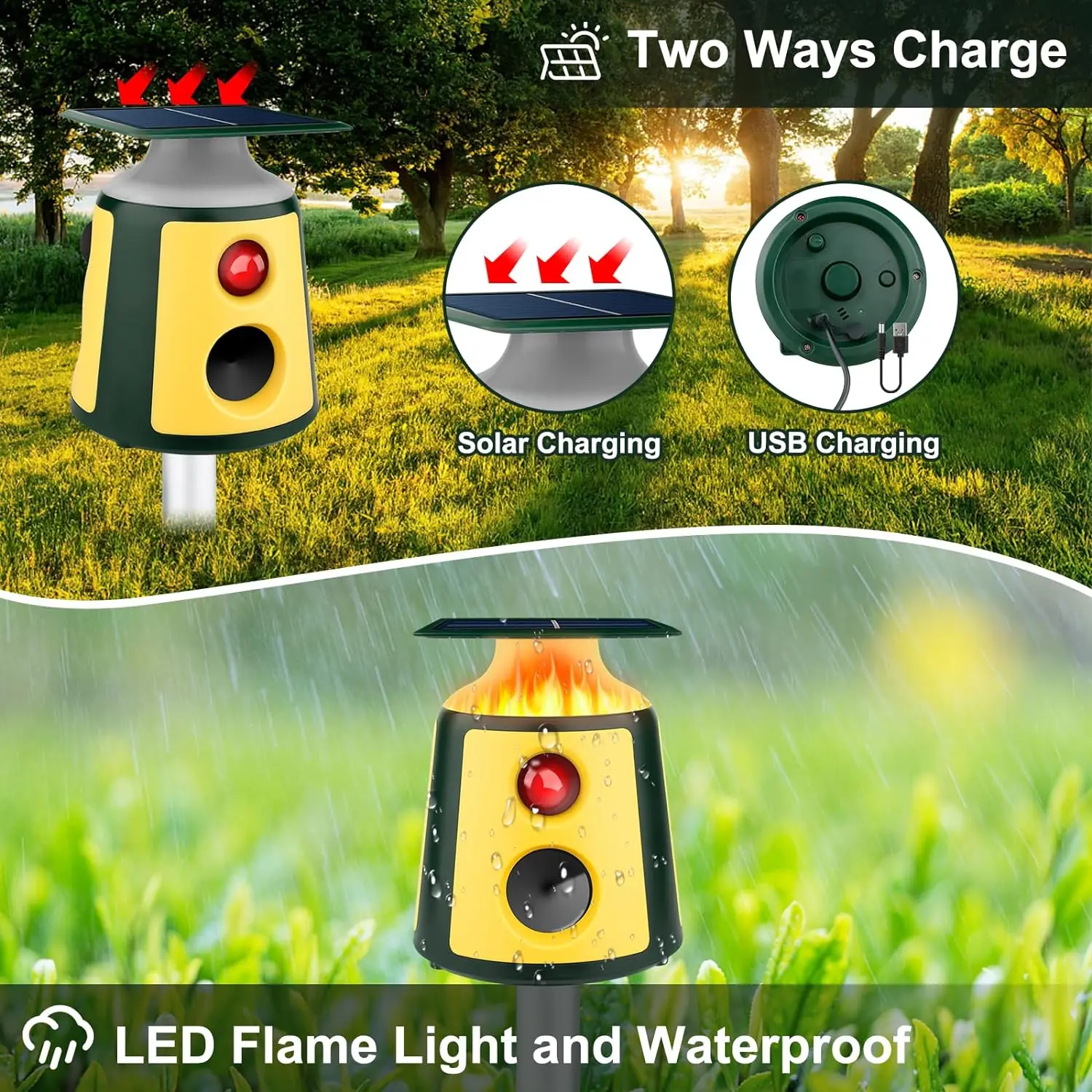 New Design Solar Animal Control Device with Flame Light for Garden Farm Coyote Raccoon dog cat Monkey bird Deterrent Flash Light