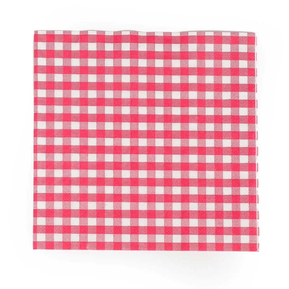 Red and white checkered square napkin folded red