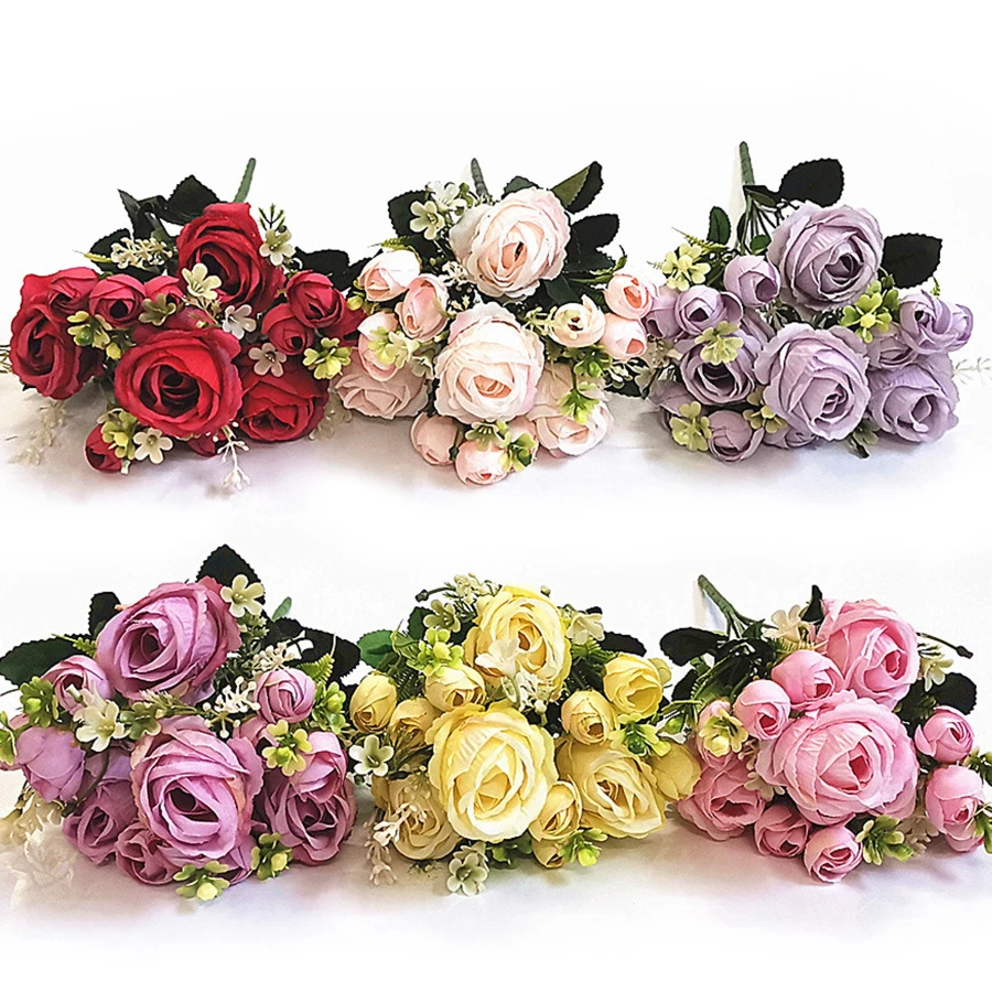 Wholesale 13 Heads Artificial Peonies Flowers Bouquet Small Rose Peony Wedding Home Office Decor