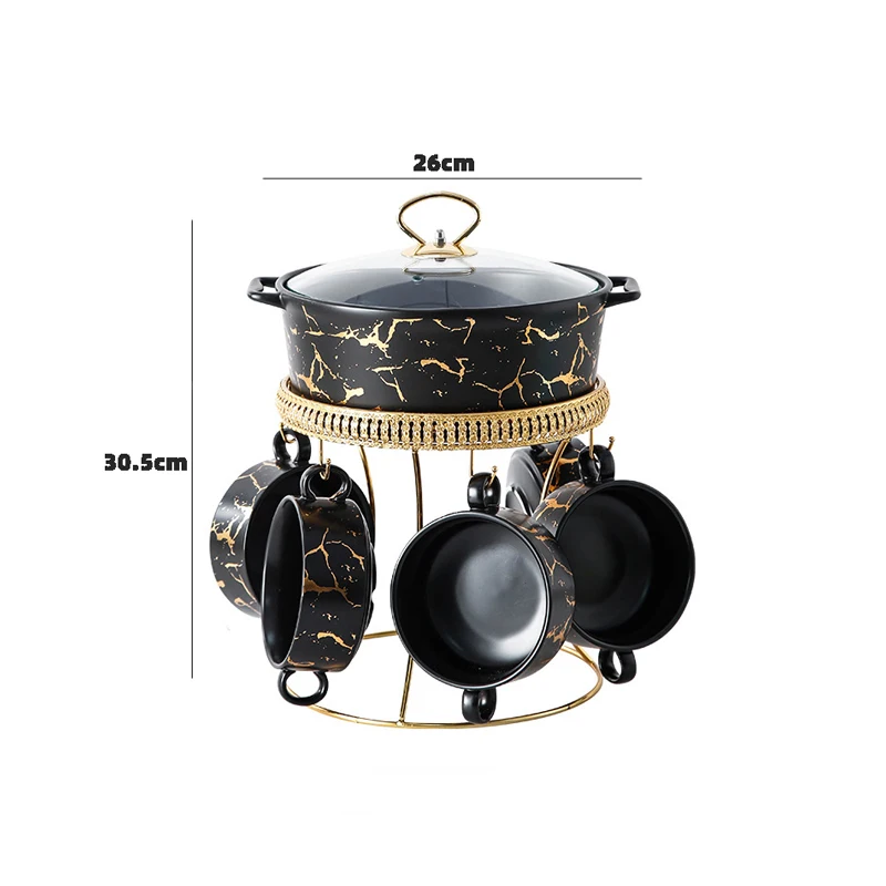 Черно-белые и мраморные золотые суповые горшки с небольшими мисками для обслуживания 6 набор посуды тушеной крышкой