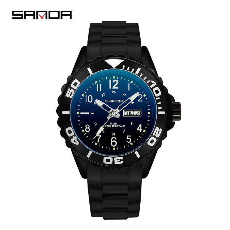 Hot selling sanda gradient color dual calendar silicone 5ATM waterproof Japanese quartz movement couple watch for man and women