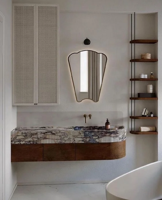 Artisan Modern Bathroom & Kitchen  Design MDF Bathroom Vanity Cabinets With Mirror Curved Bathroom Vanity
