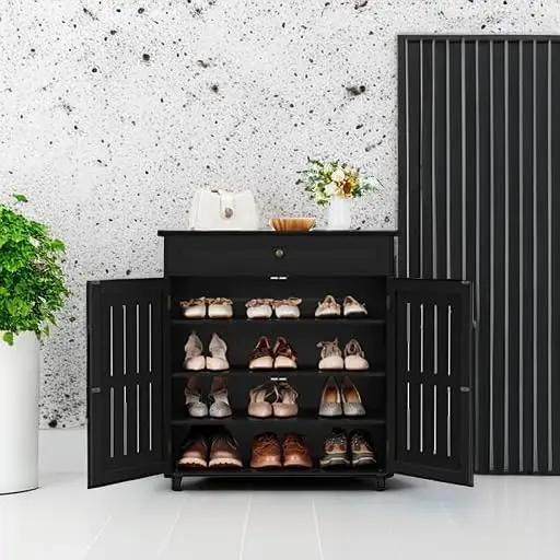 4-Tier Adjustable Shelves Wooden Shoe Cabinet Louvered Doors Black Entryway Hallway Bedroom Closet Living Room Storage Organizer