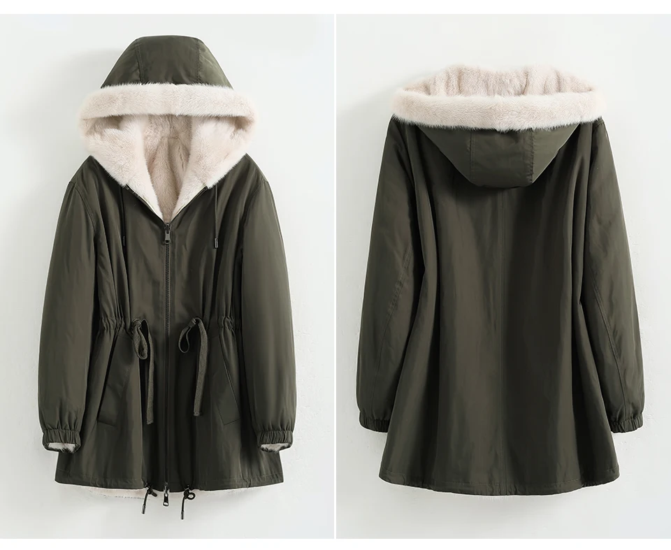 Fashion Women Winter Warm Mink Fur Coat Drawcord At Waist Reversible Hooded Outwear