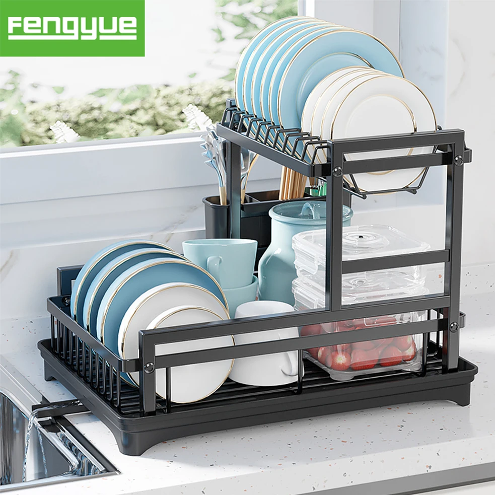 Double Layer Expandable Metal Wire Adjustable Custom Plate Bowl Dish Drying Rack Shelf over Sink with Draining Board Tray