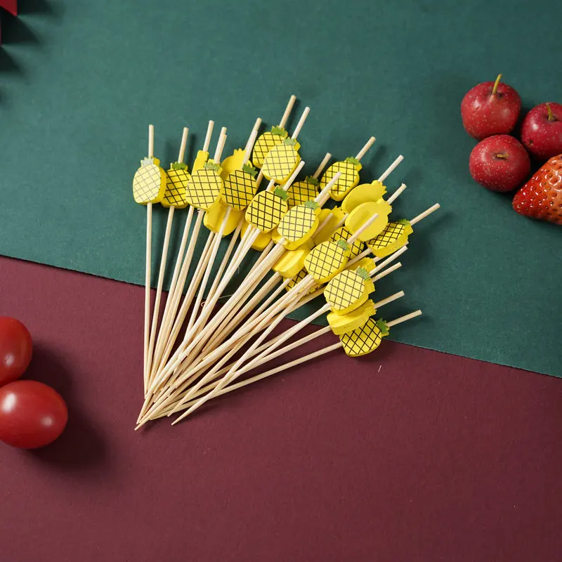 Fashionable Design Eco-Friendly 12cm Bamboo Skewer Sticks With Handle Pineapple Decorations Fruit Food Picks Teppo Bamboo Stick