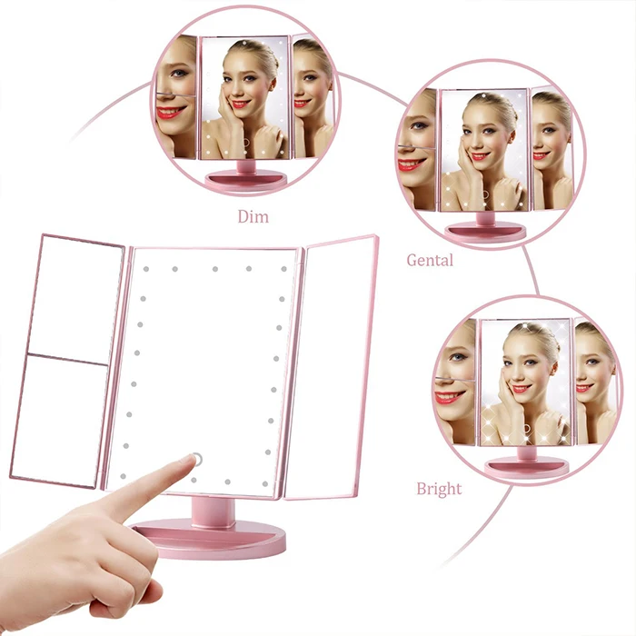 OEM Popular HOT LED light Screen Touch Makeup Mirror Tri-folded 1x 2x 3x magnifying mirror cosmetic tray vanity mirror with led