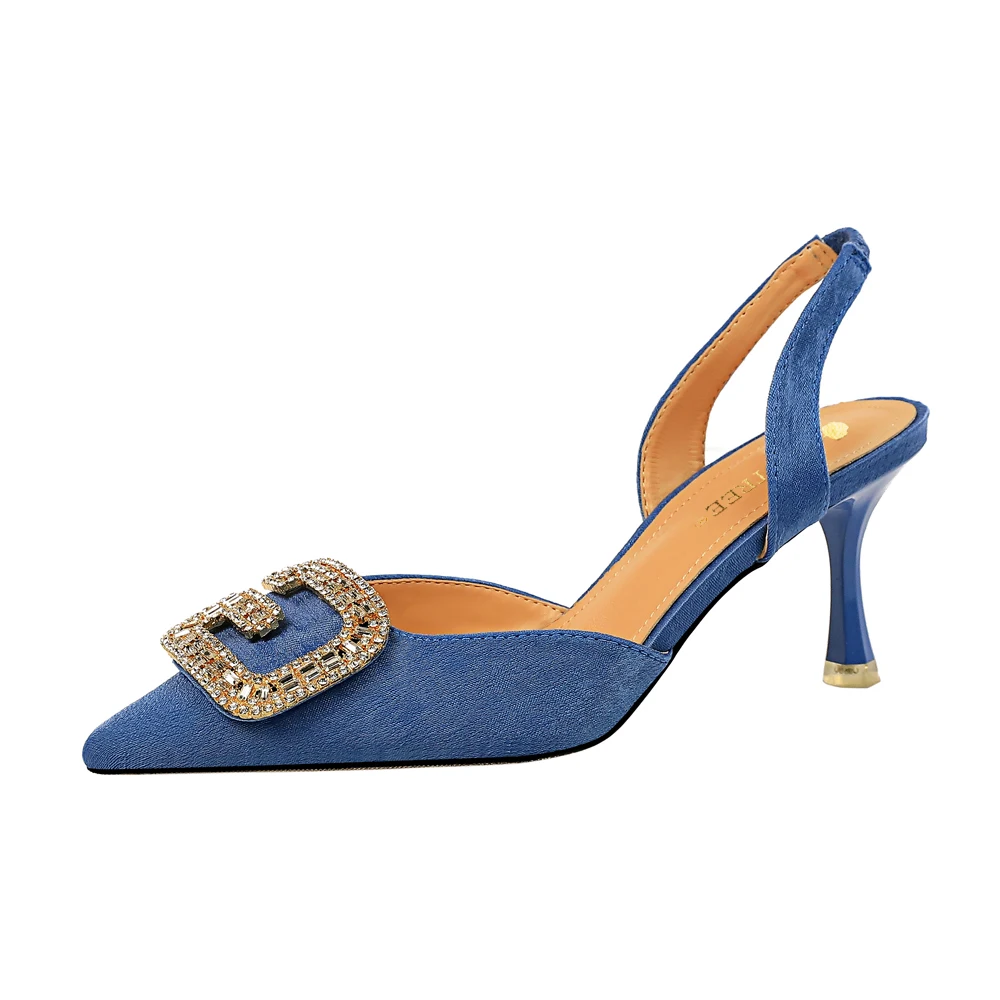 Женские туфли на высоком каблуке замшевые сандалии с открытым носком и металлической пряжкой со стразами 896-2