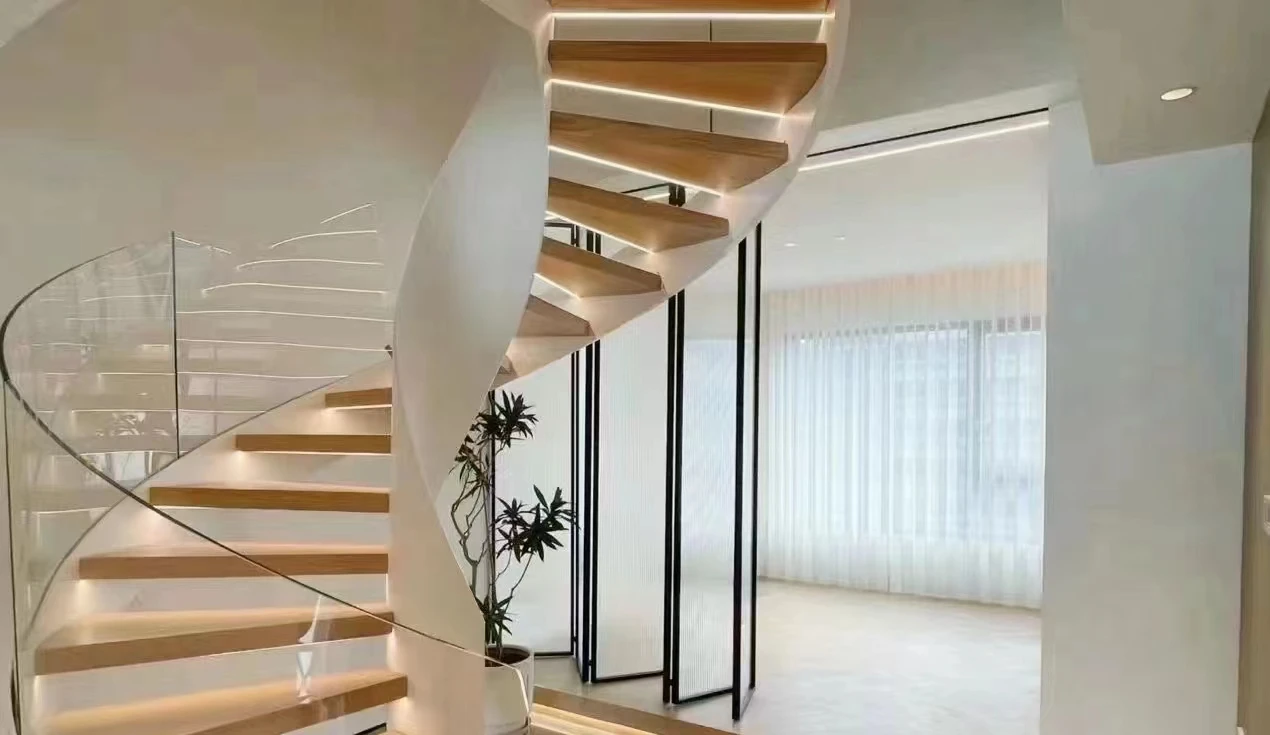 Building Standard Marble Curved Staircase Glass And Wood Stairs Design