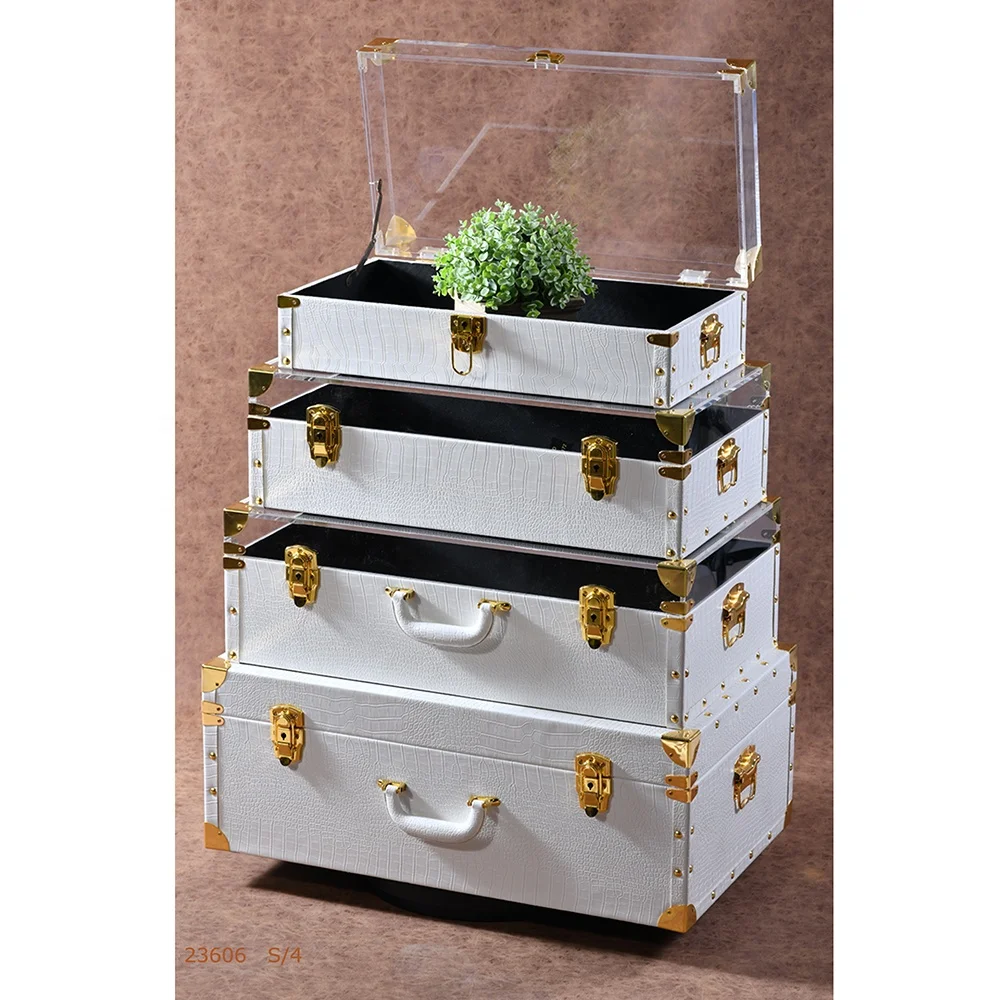 luxury leather surface wood storage trunk boxes with clear acrylic top/lid/cover for display