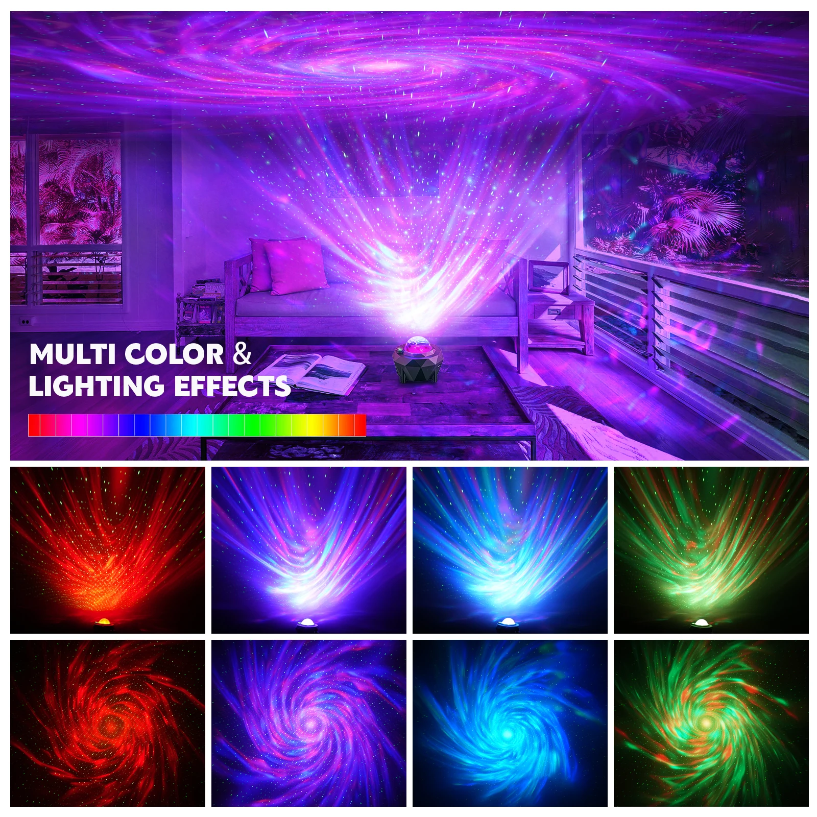 USB RGB LED Star Projector sea wave Projector Night Light for Bedroom Sky with Music Speaker and Remote Control Green Laser