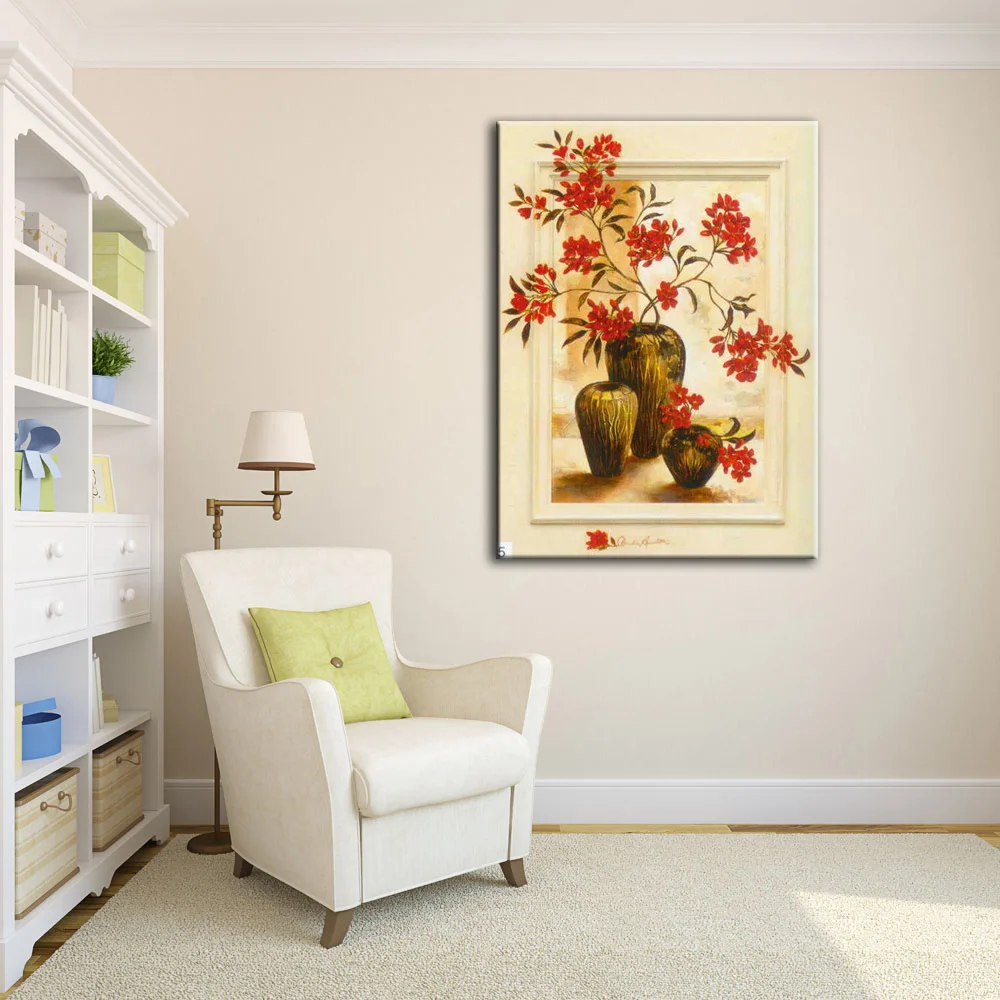 Impressionist Red Flower Vase  Picture  3D Wall Art Oil  Painting On Canvas