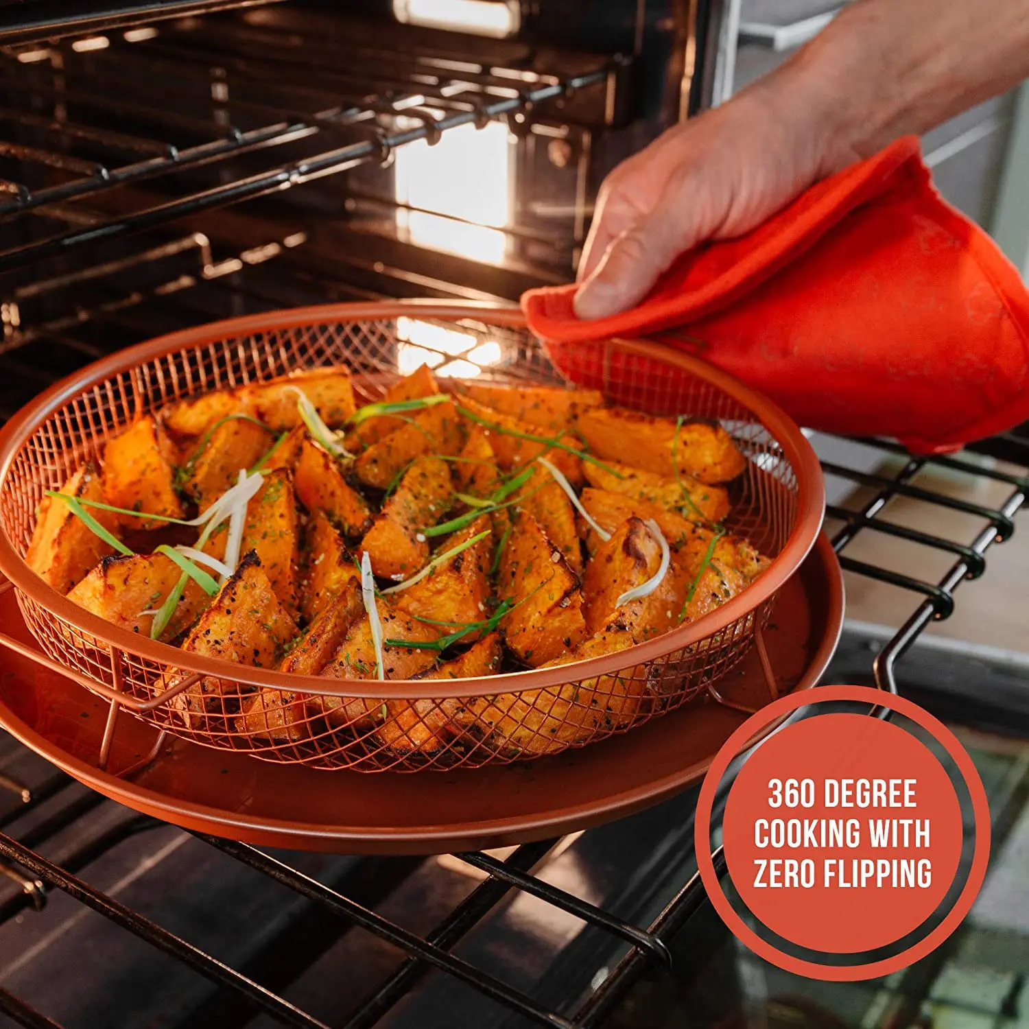 Non-Stick Baking Tray with Grill Crispy Basket Copper Crisper Pan Set Deluxe Air Fry in Your Oven, 2-Piece Set, Baking Pan