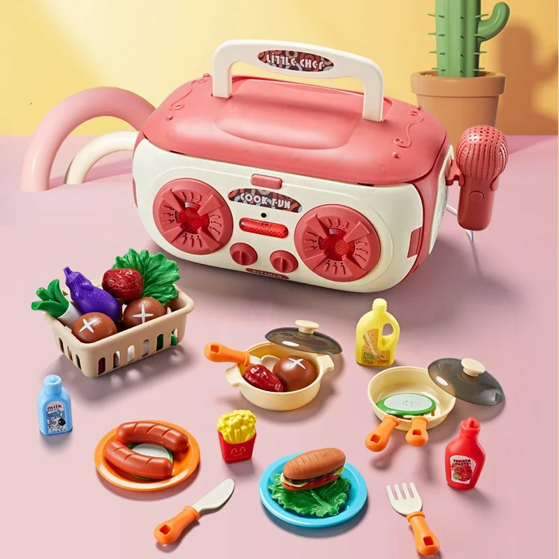 Multi-function 2 in 1 Karaoke Machine Stereo Microphone Mini Kids Pretend Play Kitchen Toys Cooking Set with Mobile