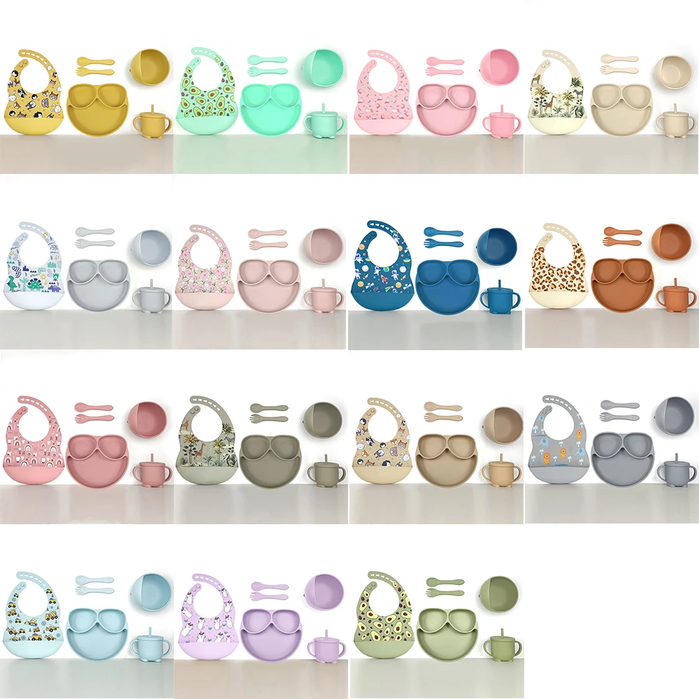 ODM OEM Baby Tableware Silicone Feeding Set Kids Bowl Spoon And Bib Set With Suction Plate  Custom Logo BPA Free Pattern Bib