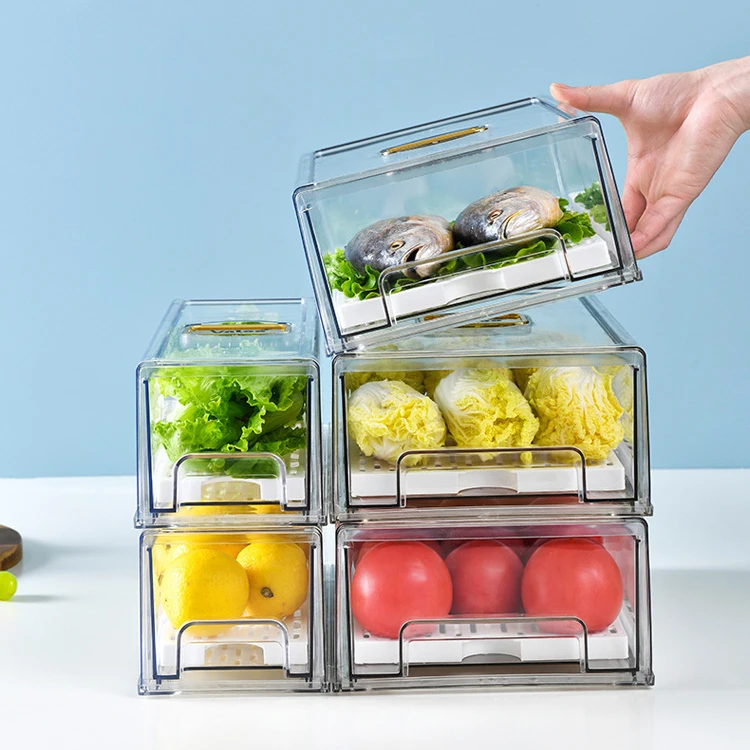 Wholesale Pull Out Fridge Vegetable Fruit Seafood Egg Organizer Drawers Clear Refrigerator Storage Box Bins with Draining Tray