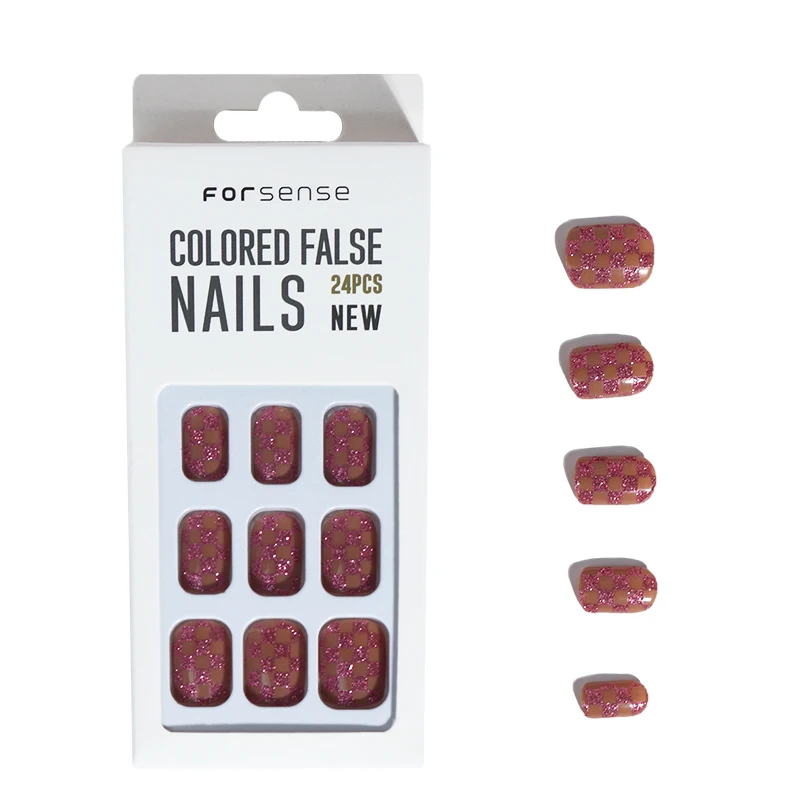 wholesale fall winter full cover short square press on nail glitter checker fake nail private label custom glue on nail stick on