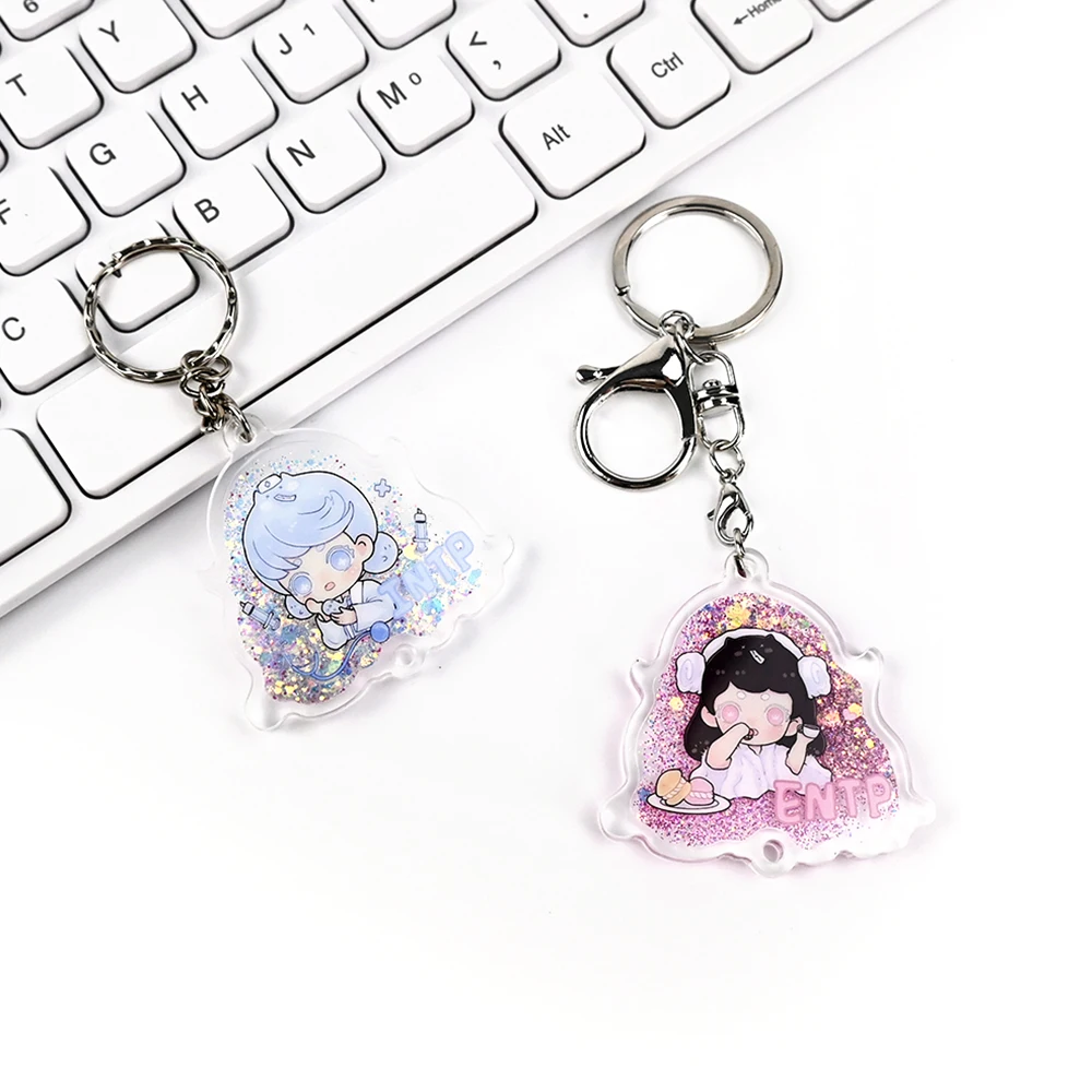 NO MOQ custom UV printed  plastic Pendant key chain acrylic charms glitter epoxy acrylic charm quicksand liquid keychain