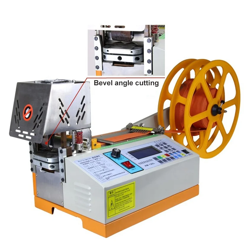 Automatic bevel angle strap Polyester hot blade webbing Satin Ribbon Label Cutter Cutting Machine