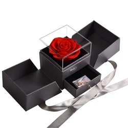 Wholesale Custom Transparent Box with Drawer and Necklace Real Eternal Preserved Roses In Acrylic Jewelry Box