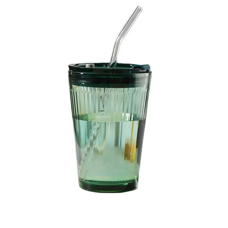 Wholesale Glass Coffee Cup 450ml Custom Clear Glass Mugs Blank Vertical Striped Glass Straw Tumbler