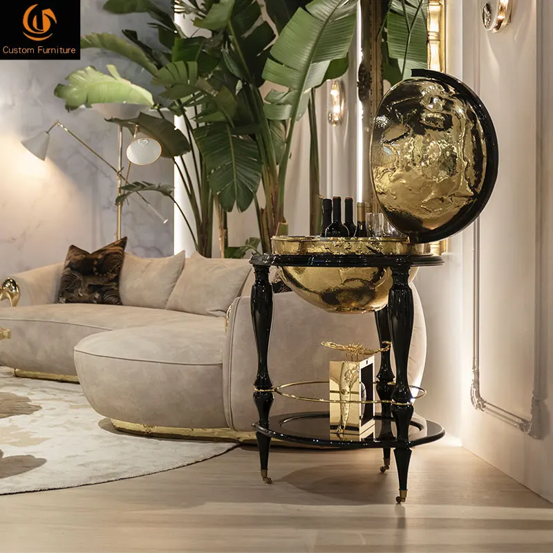 Polished Brass Retro Style Mini Bar Beverage Cabinet Movable Wine Rack and Cart for Hotel Farmhouse or Home Bar Use