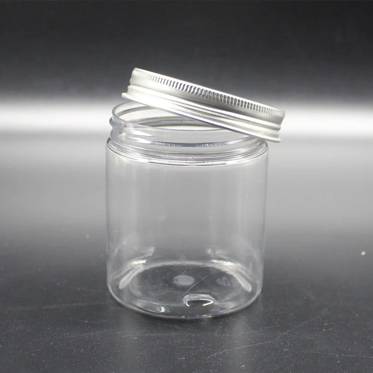 Wholesale cosmetic food packaging 50m 100ml 150ml 200ml 250ml 300ml amber clear pet plastic cosmetic cream jar with aluminum lid