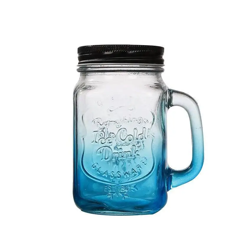 Hot Sale Custom  Cold Drinking Handle Jars Glass Mason Jar Gifts Transparent Glass Mason Jar With Lid And Straw