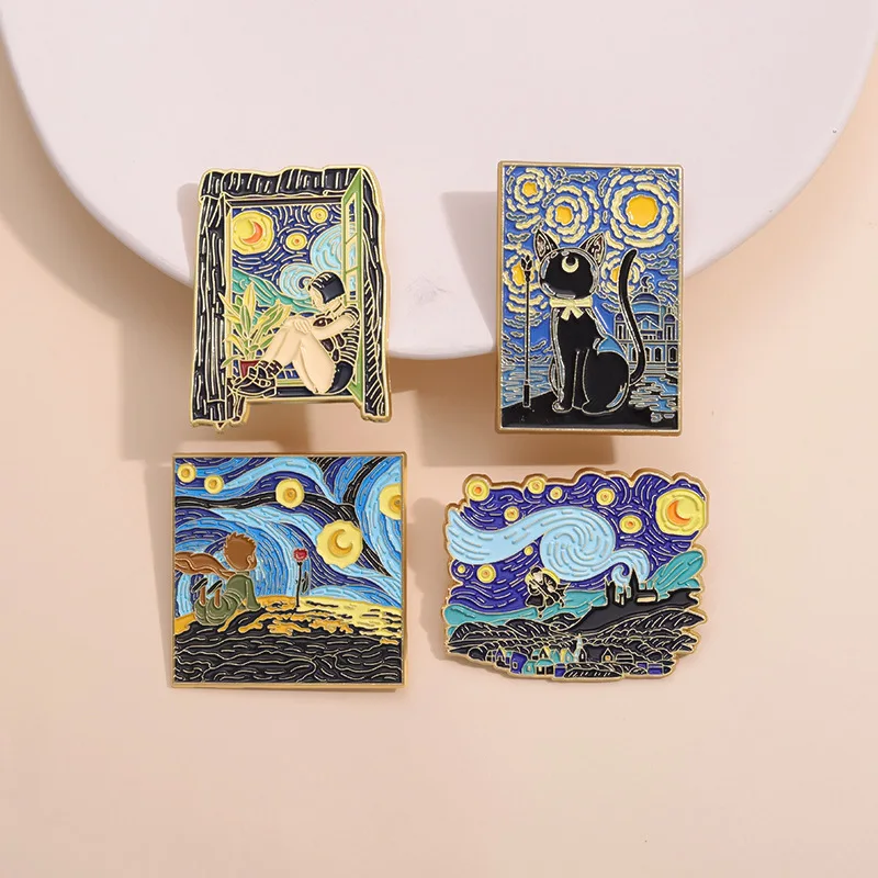 Fairy Tale Starry Sky Alloy Pins Enamel Van Gogh Oil Painting Brooch