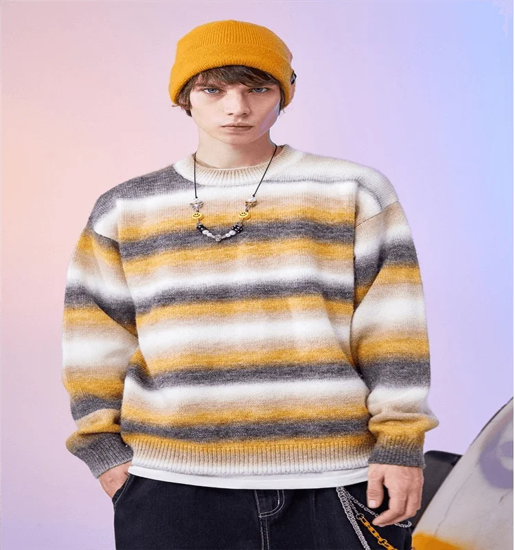 men custom knitwear autumn winter loose knitted contrast color crew neck jumper new fashion long sleeve wool sweater