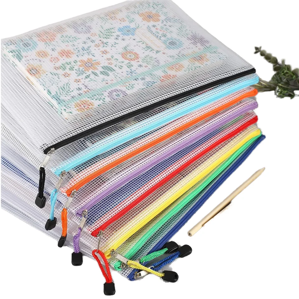 Customized Print Waterproof Pvc Document Bag Transparent Mesh Bags with Zipper A4 Clear File Storage Bag File Pouch for School