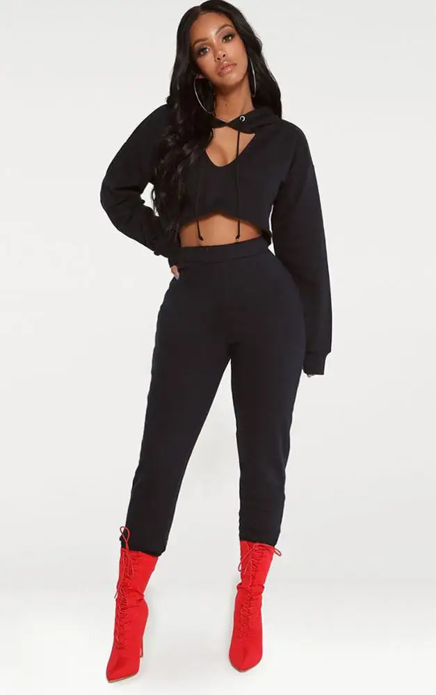 
WWK Custom Logo Dropshipping French Terry Hollow Out V Neck Pullover Crop Top Pants Casual Training Tracksuit for Women 