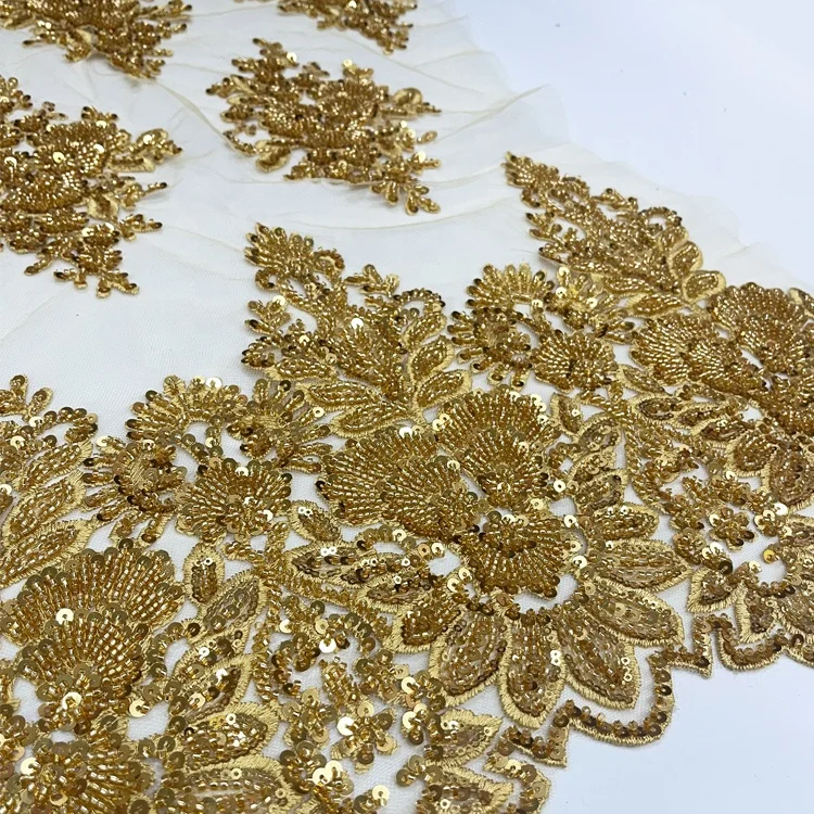 factory wholesale unique  bridal lace fabric beaded luxury heavy beaded border lace fabric for wedding