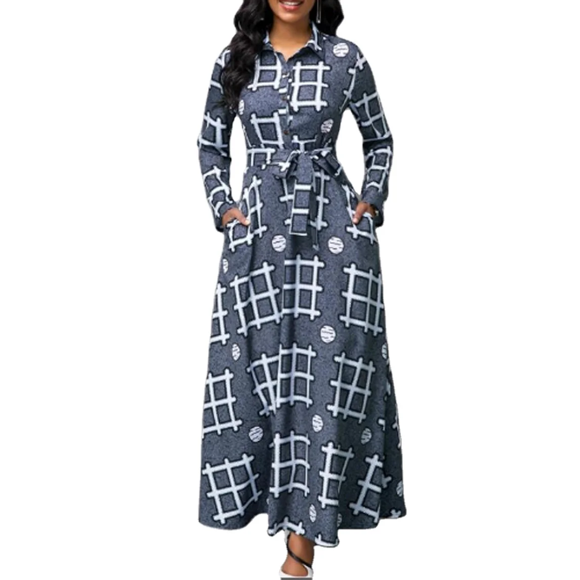 Women Floor Length Dresses Geometric Printed Turndown Collar Long Sleeve Casual Belted Shirts Dress