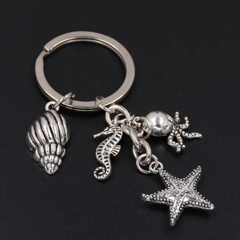 Retro Small Gift Sea Animal Keychain Shell Starfish Sea Turtle Seahorse Mermaid Charm Pendant Ocean Animal Keyring