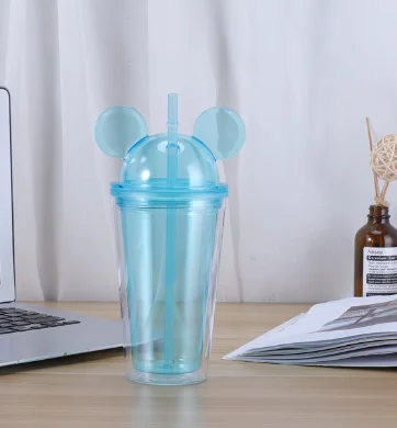 New Style 16oz Double Wall Plastic Cups with Straw and Dome Lid Reusable Acrylic Clear Mouse Ear Tumbler Ice Coffee Cup
