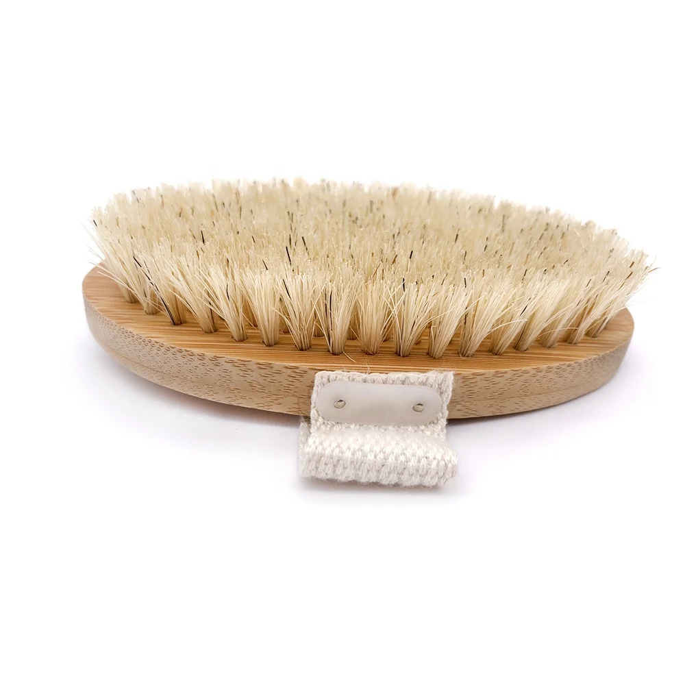 Hot Sale Wood Natural Bristle Dry Skin Body Brush With Total Bamboo Handle Hand Band For Nice Comfortable  Grip