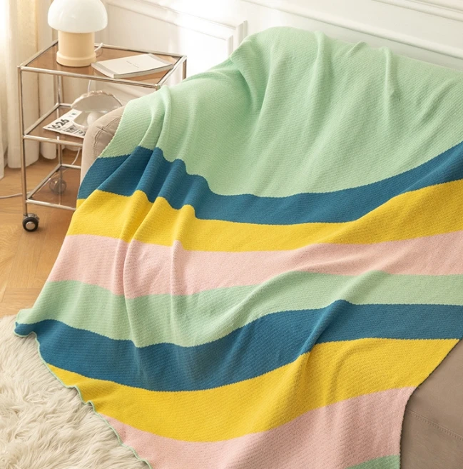 Sofa Bed Colorful Rainbow design Couch Crib Car wellness soft textured Rug Baby Children knitted Plain Throw Cover blanket