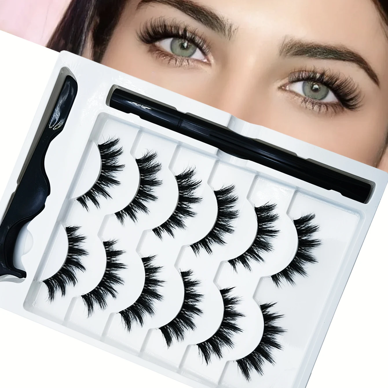 Handmade Synthetic Fiber Winged Tips Strip False Eyelashes With Lash Tweezers For Eye Elongation 6 Pair Magnetic Eyelashes