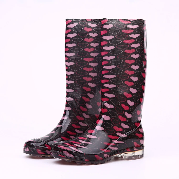 Knee high 100% Water proof slip resistant light weight non safety fashionable PVC shiny gum rain boots for women