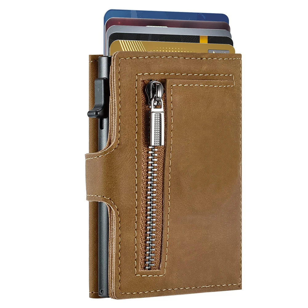 Customized Leather Aluminum Holder Card Holder Men Zipper Coin Purse Rfid Credit Card Holder Pop up Wallet