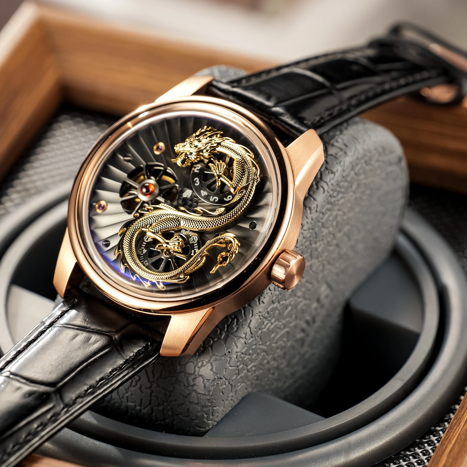 OBLVLO Hot Sale 3D Gold Dragon with Wheels Automatic Watch Mens Super Luminous Crocodile Print Leather Classic Watch JM-DRAGON