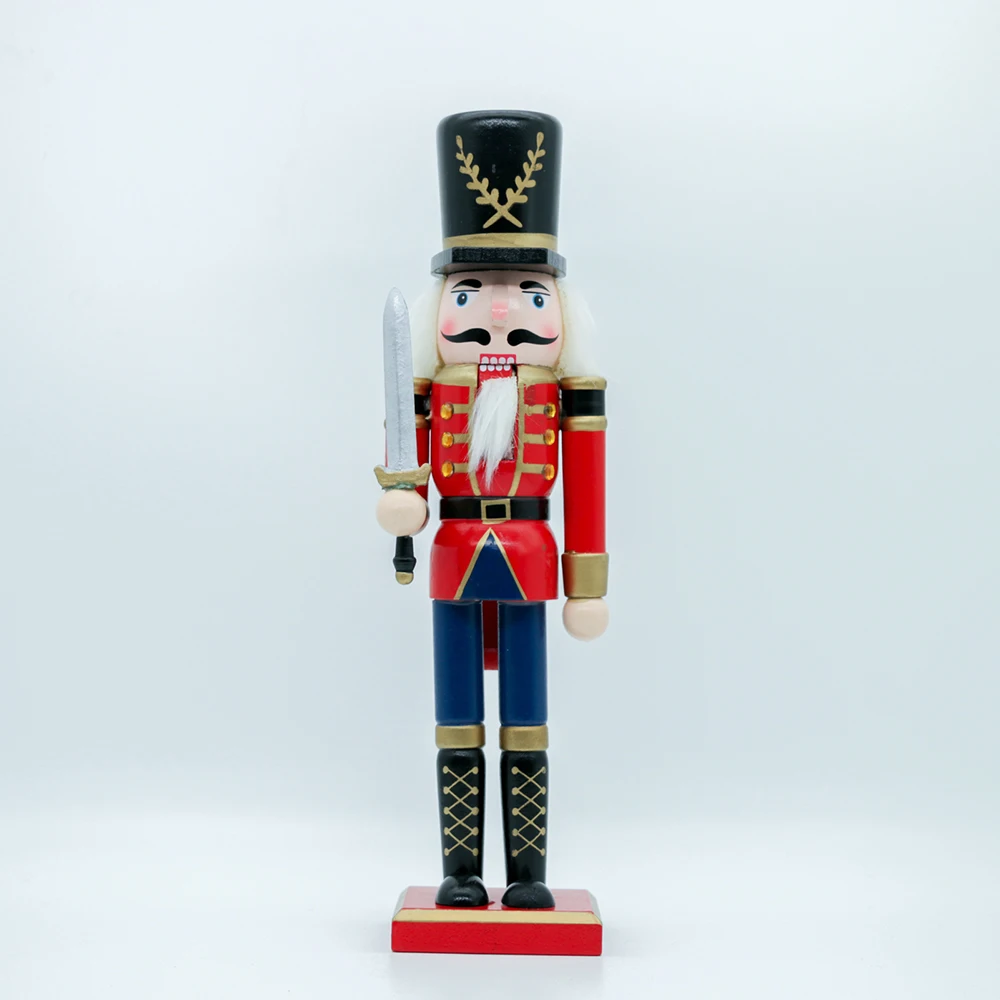 Red Soldier Wooden Nutcracker Wearing Red, Gold, and Black Uniform Holding Rifle Festive Decor Perfect for Shelves and Tables