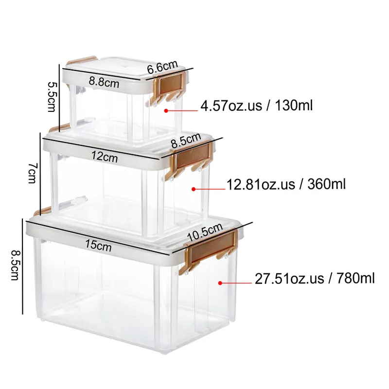EVERSMILY Bins & Things Stackable Storage Container 3 layer stack 130ml 360ml 780ml Transparent Latching Storage Container