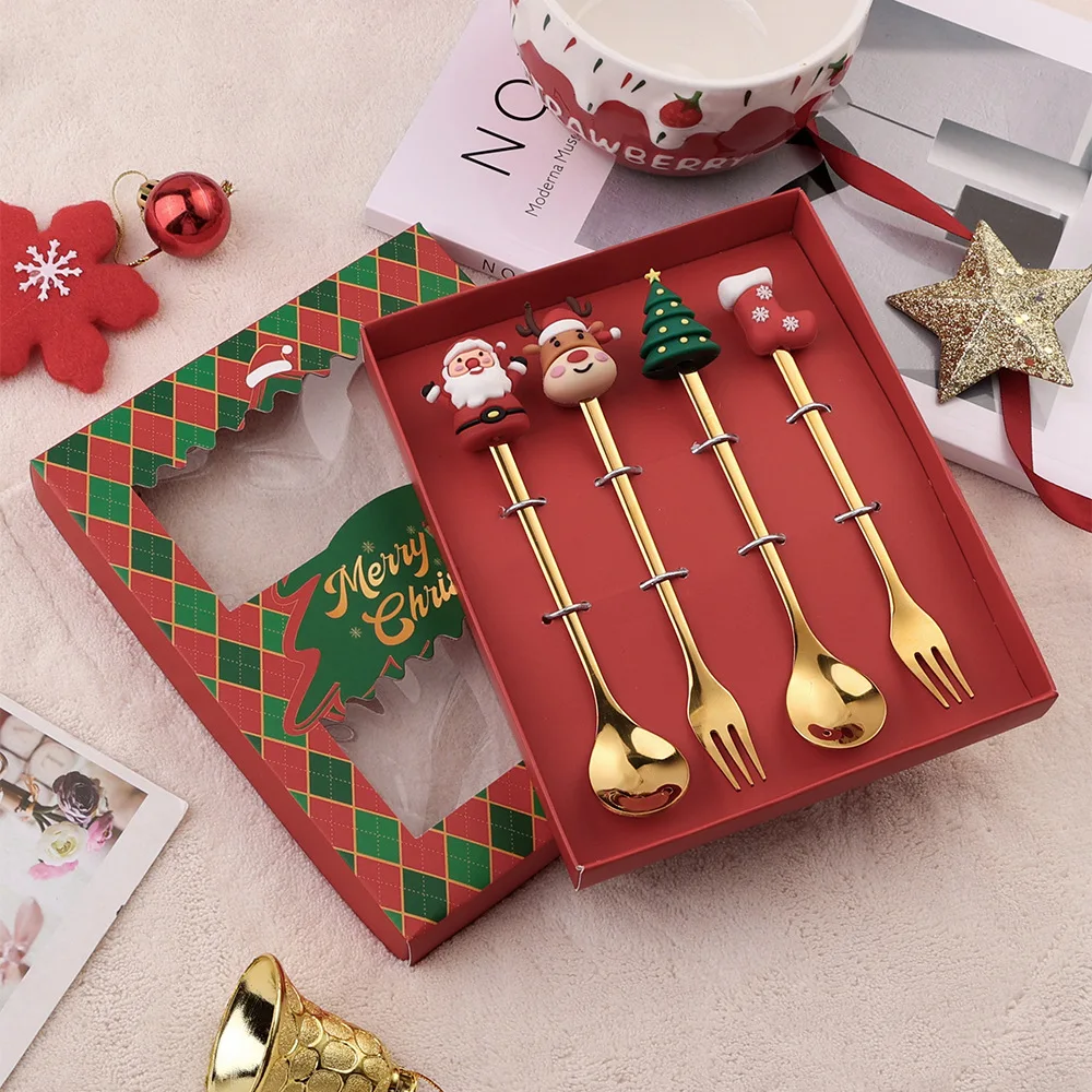 Christmas Gifts fork spoon set Christmas Tree Santa Claus Elk Dessert Coffee Spoon Christmas spoon gift set stainless steel