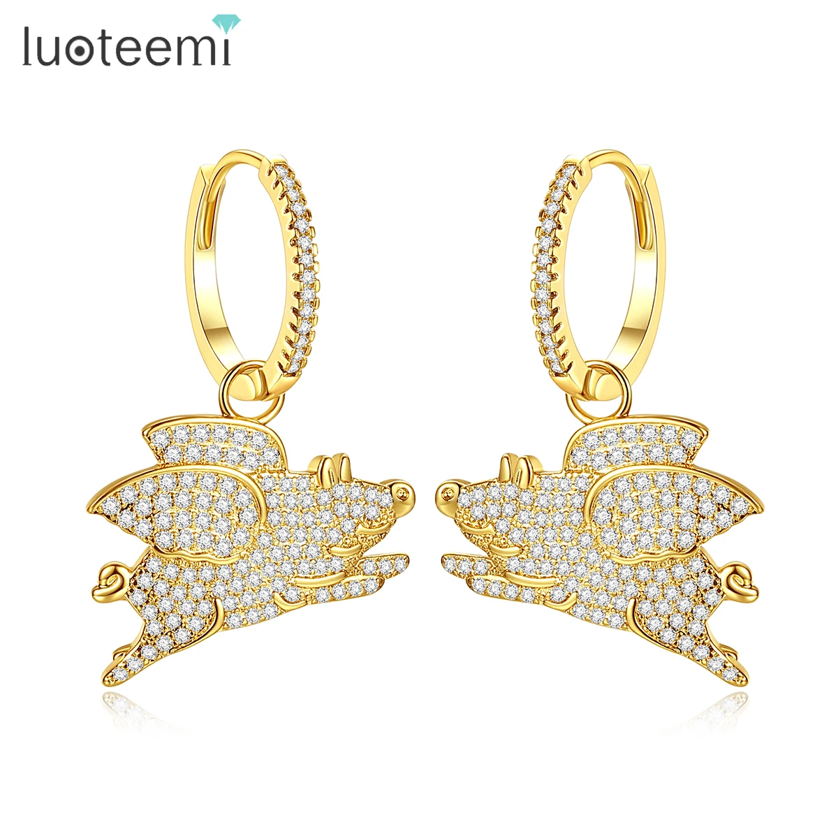 LUOTEEMI Hoop Earrings 18k Gold Plated Flying Pig Drop Hoop Earrings Cubic Bulk Huggie Bling Hoop Earrings